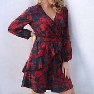 Uguest womens red floral print stretch  faux wrap size Medium